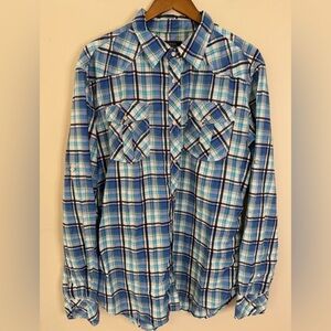 Renewal western plaid button up long sleeve blue green black white cowboy SZ XL